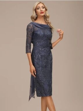 JJs House Stormy Blue Lace Sequin Midi Dress